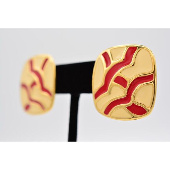 Monet Vintage Earrings Red Off White Cream Enamel Gold Chunky Tone 1970s BinAO - Picture 2 of 12